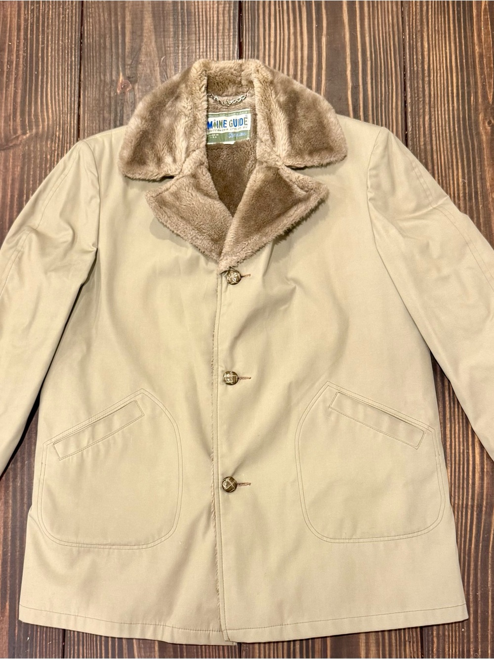 Vintage Maine Guide Styled By Congress Men's Beige Car Coat with Faux Fur Collar